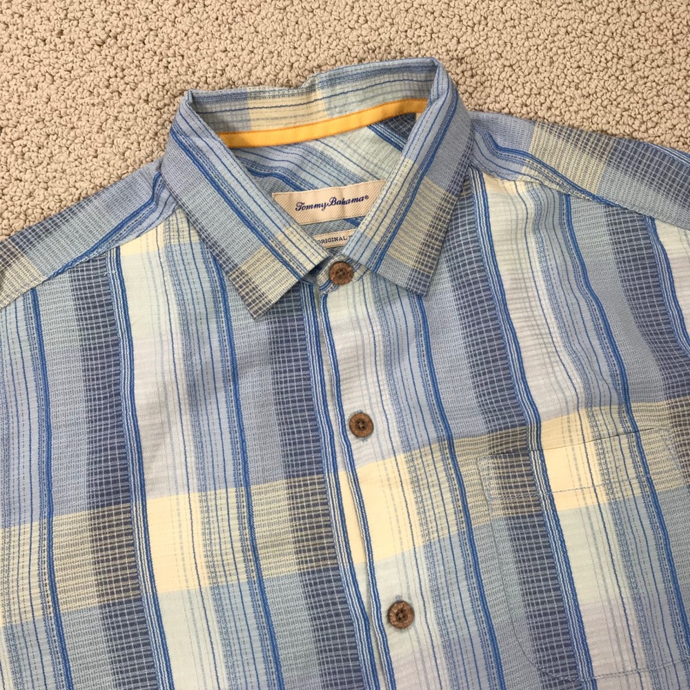 Tommy Bahama Mens M Blue Yellow Striped 100% Silk Short Sleeve Button Down Shirt